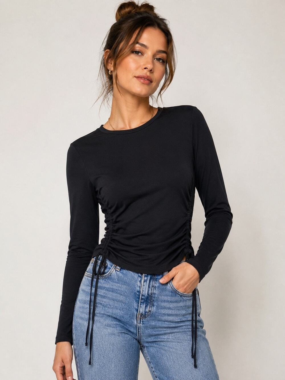 Open Edit Ruched Side Long Sleeve Top Black Boat Neck Drawstring Women’s Medium